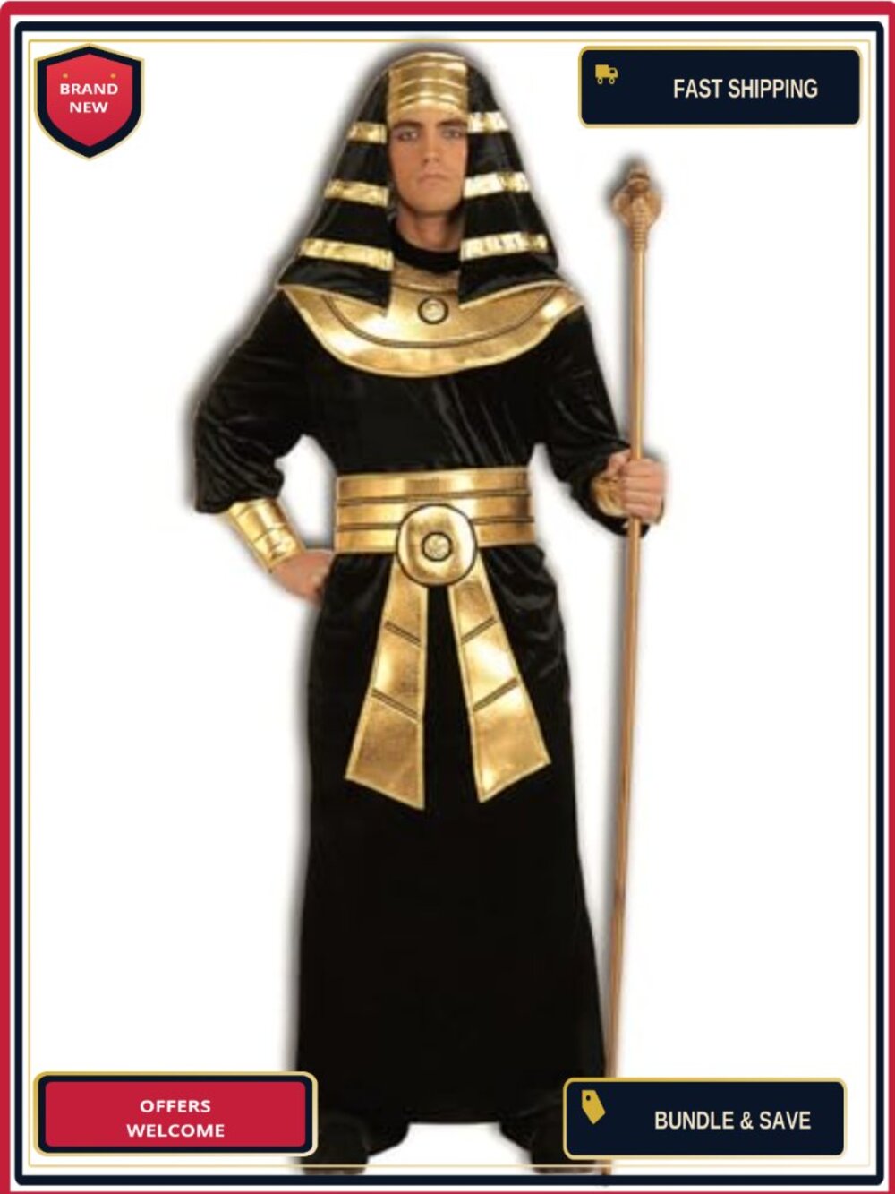 Egyptian Pharaoh Adult Costume Large Headpiece Robe Belt Cosplay Halloween
